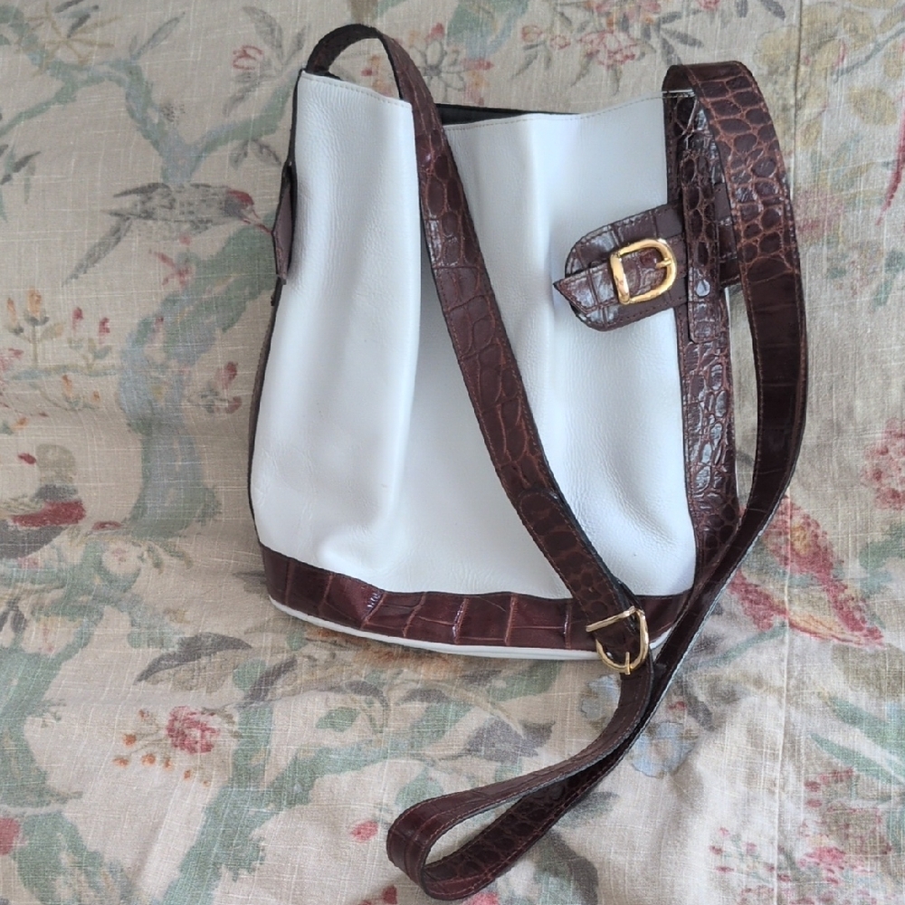 White and Brown Shoulder Bag with Leather Accents